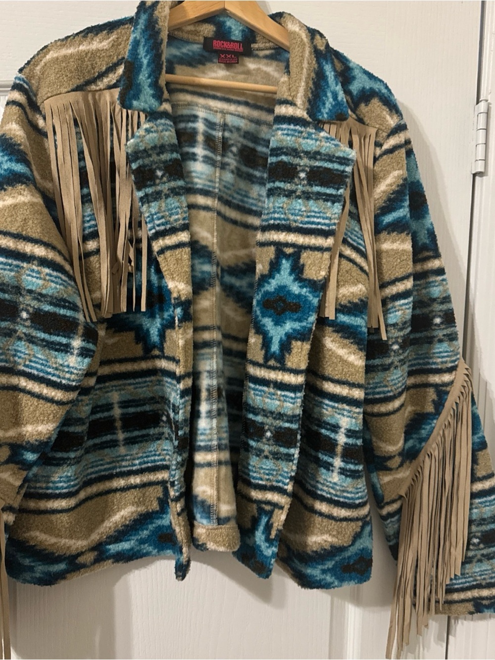 Rock N Roll Southwestern Fringe Boho Open Front Jacket Aztec Print Blue XXL Tan